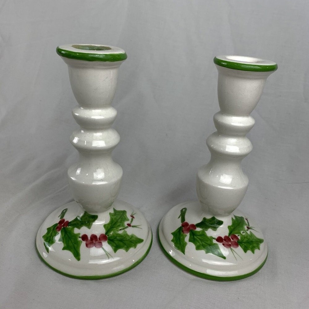 Vtg Christmas Candle‎ Holders Hand Painted Mistletoe Pair 8" Laurie Gates